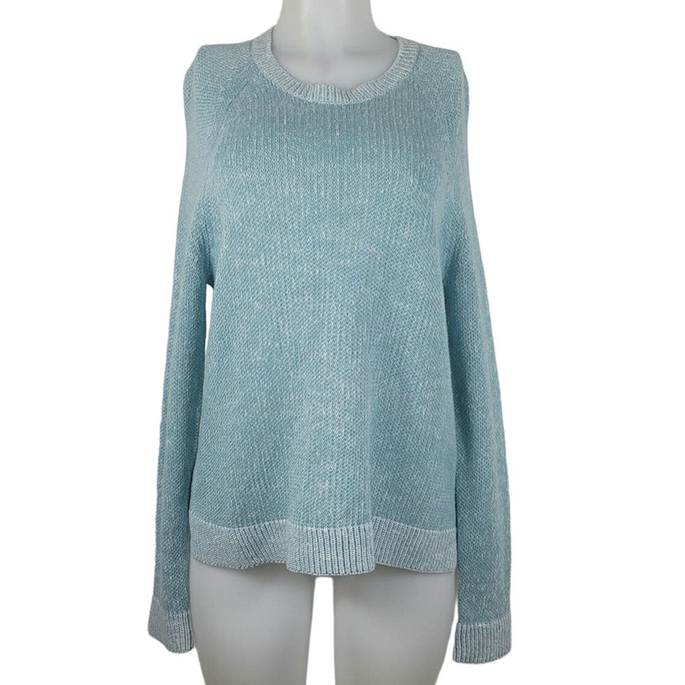 Eileen Fisher Organic Linen Blend Heathered Blue Scoop Neck Winter Sweater S
